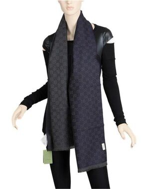 Gucci Reversible Navy and Gray Monogram Wool Scarf New w/tags Unisex
